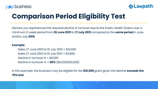 Comparison Period Eligibility Test
Declare you experienced the required decline in turnover due to the Public Health Orders over a
minimum 2-week period from 26 June 2021 to 17 July 2021 compared to the same period in June
and/or July 2019;
Example;
Sales 27 June 2019 to 10 July 2019 = $10,000
Sales 27 June 2021 to 10 July 2021 = $2,000
Decline in turnover $ = $8,000
Decline in turnover % = 80% ($8,000/$10,000)
In this example, the business may be eligible for the $10,000 grant given the decline exceeds the
70% test.
 
