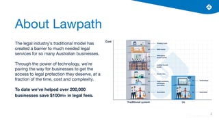 2
About Lawpath
The legal industry’s traditional model has
created a barrier to much needed legal
services for so many Australian businesses.
Through the power of technology, we’re
paving the way for businesses to get the
access to legal protection they deserve, at a
fraction of the time, cost and complexity.
To date we’ve helped over 200,000
businesses save $100m+ in legal fees.
 