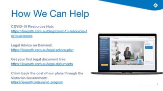 COVID-19 Resources Hub:
https://lawpath.com.au/blog/covid-19-resources-f
or-businesses
Legal Advice on Demand:
https://lawpath.com.au/legal-advice-plan
Get your ﬁrst legal document free:
https://lawpath.com.au/legal-documents
Claim back the cost of our plans through the
Victorian Government:
https://lawpath.com.au/vic-program
3
How We Can Help
 