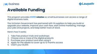 Available Funding
This program provides $1200 rebates so small businesses can access a range of
digital business tools.
The Victorian Government has partnered with 14 suppliers to help you build or
upgrade your website, improve your cash flow, start online marketing, manage
your jobs and projects, and keep better track of stock.
Here’s how it works:
1. Take free product trials and workshops
2. Choose one or more of the digital products
3. Purchase your product and start using it
4. Apply for the rebate to cover up to 12 months access
5. Claim your $1,200.
 