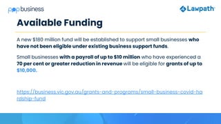 Available Funding
A new $180 million fund will be established to support small businesses who
have not been eligible under existing business support funds.
Small businesses with a payroll of up to $10 million who have experienced a
70 per cent or greater reduction in revenue will be eligible for grants of up to
$10,000.
https://business.vic.gov.au/grants-and-programs/small-business-covid-ha
rdship-fund
 