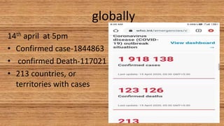 globally
14th april at 5pm
• Confirmed case-1844863
• confirmed Death-117021
• 213 countries, or
territories with cases
 
