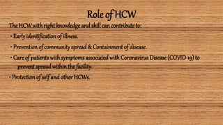 Role of HCW
The HCWwithright knowledge andskill can contributeto:
• Earlyidentification of illness.
• Prevention of communityspread & Containment of disease.
• Care of patients withsymptomsassociated withCoronavirus Disease (COVID-19) to
prevent spreadwithin the facility.
• Protection of self and other HCWs.
 