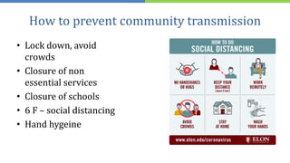 How to prevent community transmission
• Lock down, avoid
crowds
• Closure of non
essential services
• Closure of schools
• 6 F – social distancing
• Hand hygeine
 