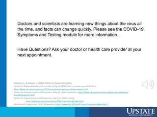 Doctors and scientists are learning new things about the virus all
the time, and facts can change quickly. Please see the COVID-19
Symptoms and Testing module for more information.
Have Questions? Ask your doctor or health care provider at your
next appointment.
Anderson, K., & Stewart, T. (2020). COVID-19. [PowerPoint slides].
Centers for Disease Control and Prevention. (July 31, 2020). How to protect yourself & others.
https://www.cdc.gov/coronavirus/2019-ncov/prevent-getting-sick/prevention.html
Centers for Disease Control and Prevention. (May 13, 2020). Symptoms. https://www.cdc.gov/coronavirus/2019-ncov/symptoms-
testing/symptoms.html
Centers for Disease Control and Prevention. (April 28, 2020). Testing.
https://www.cdc.gov/coronavirus/2019-ncov/testing/index.html
World Health Organization. (n.d.) Coronavirus. https://www.who.int/health-topics/coronavirus#tab=tab_1
 