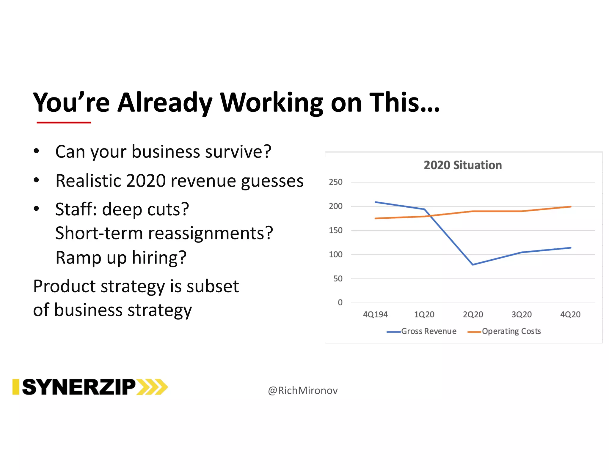• Can your business survive?
• Realistic 2020 revenue guesses
• Staff: deep cuts?
Short-term reassignments?
Ramp up hiring?
Product strategy is subset
of business strategy
You’re Already Working on This…
@RichMironov
 