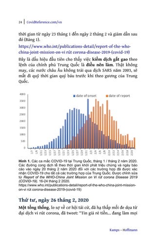 24 | CovidReference.com/vn
Kamps – Hoffmann
thời gian từ ngày 23 tháng 1 đến ngày 2 tháng 2 và giảm dần sau
đó (Bảng 1).
https://www.who.int/publications-detail/report-of-the-who-
china-joint-mission-on-vi rút corona-disease-2019-(covid-19)
Đây là dấu hiệu đầu tiên cho thấy việc kiểm dịch gắt gao theo
lệnh của chính phủ Trung Quốc là điều nên làm. Thật không
may, các nước châu Âu không trải qua dịch SARS năm 2003, sẽ
mất đi quỹ thời gian quý báu trước khi theo gương của Trung
Quốc.
Hình 1. Các ca mắc COVID-19 tại Trung Quốc, tháng 1 / tháng 2 năm 2020.
Các đường cong dịch tễ theo thời gian khởi phát triệu chứng và ngày báo
cáo vào ngày 20 tháng 2 năm 2020 đối với các trường hợp đã được xác
nhận COVID-19 cho tất cả các trường hợp của Trung Quốc. Được chỉnh sửa
từ Report of the WHO-China Joint Mission on Vi rút corona Disease 2019
(COVID-19). 16-24 tháng 2 2020.
https://www.who.int/publications-detail/report-of-the-who-china-joint-mission-
on-vi rút corona-disease-2019-(covid-19)
Thứ tư, ngày 26 tháng 2, 2020
Một tổng thống, lo sợ về cơ hội tái cử, đã hạ thấp mối đe dọa từ
đại dịch vi rút corona, đã tweet: “Tin giả rẻ tiền... đang làm mọi
 