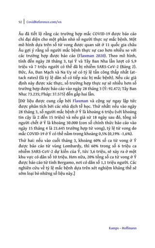 52 | CovidReference.com/vn
Kamps – Hoffmann
Âu đã tiết lộ rằng các trường hợp mắc COVID-19 được báo cáo
chỉ đại diện cho một phần nhỏ số người thực sự mắc bệnh. Một
mô hình dựa trên số tử vong được quan sát ở 11 quốc gia châu
Âu gợi ý rằng số người mắc bệnh thực sự cao hơn nhiều so với
các trường hợp được báo cáo (Flaxman 2020). Theo mô hình,
tính đến ngày 28 tháng 3, tại Ý và Tây Ban Nha lần lượt có 5,9
triệu và 7 triệu người có thể đã bị nhiễm SARS-CoV-2 (Bảng 2).
Đức, Áo, Đan Mạch và Na Uy sẽ có tỷ lệ tấn công thấp nhất (at-
tack rates) (là tỷ lệ dân số có tiếp xúc bị mắc bệnh). Nếu các giả
định này được xác thực, số trường hợp thực sự sẽ nhiều hơn số
trường hợp được báo cáo vào ngày 28 tháng 3 (Ý: 92.472; Tây Ban
Nha: 73.235; Pháp: 37.575) đến gấp hai lần.
[Dữ liệu được cung cấp bởi Flaxman và cộng sự ngay lập tức
được phân tích bởi các nhà dịch tễ học. Thứ nhất: nếu vào ngày
28 tháng 3, số người mắc bệnh ở Ý là khoảng 6 triệu (với khoảng
tin cậy là 2 đến 15 triệu) và nếu giả sử 18 ngày sau đó, tổng số
người chết ở Ý là khoảng 30.000 (con số chính thức báo cáo vào
ngày 15 tháng 4 là 21.645 trường hợp tử vong), tỷ lệ tử vong do
mắc COVID-19 ở Ý có thể nằm trong khoảng 0,5% (0,19% -1,6%).
Thứ hai: nếu vào cuối tháng 3, khoảng 60% số ca tử vong ở Ý
được báo cáo từ vùng Lombardy, thì 60% trong số 6 triệu ca
nhiễm SARS-CoV-2 dự kiến của Ý, tức 3,6 triệu, sẽ xảy ra ở một
khu vực có dân số 10 triệu. Hơn nữa, 20% tổng số ca tử vong ở Ý
được báo cáo từ tỉnh Bergamo, nơi có dân số 1,1 triệu người. Các
nghiên cứu về tỷ lệ mắc bệnh dựa trên xét nghiệm kháng thể sẽ
sớm loại bỏ những số liệu này.]
 