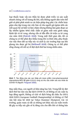 68 | CovidReference.com/vn
Kamps – Hoffmann
loại thuốc hoặc vắc-xin thần kỳ được phát triển và sản xuất
nhanh chóng với số lượng đủ lớn, nếu không người dân trên thế
giới sẽ phải phát minh ra các biện pháp ứng phó. Các chiến lược
giảm nhẹ tập trung vào việc bảo vệ cho người già (giảm 60% các
mối quan hệ xã hội) và làm chậm nhưng không làm gián đoạn sự
lây nhiễm (giảm 40%) chắc chắn sẽ giảm một nửa gánh nặng
bệnh tật và tử vong, nhưng vẫn sẽ dẫn đến 20 triệu ca tử vong
vào năm 2020 (Patrick 2020). Trong một thời gian dài, tất cả
chúng ta có thể phải đeo khẩu trang khi ra khỏi nhà, phụ thuộc
vào việc theo dõi sự tiếp xúc và cách ly các trường hợp sau khi
phong tỏa được gỡ bỏ (Hellewell 2020). Chúng ta có thể phải
sống chung với nỗi sợ về đợt dịch thứ hai trong nhiều năm.
Hình 7. Tác động của các can thiệp phi dược phẩm (non-pharmaceutical
interventions-NPI) để giảm tỷ lệ tử vong và nhu cầu chăm sóc sức khỏe do
COVID-19 (Nguồn: Ferguson 2020).
May mắn thay, con người có khả năng học hỏi. Trong bất kỳ đợt
dịch thứ hai nào của đại dịch COVID-19, sẽ không có các cuộc tụ
họp đông người, không có Giải vô địch bóng đá châu Âu UEFA
2020 (UEFA European Football Championship) và không có Thế
vận hội mùa hè 2020 tại Tokyo (Summer Olympics). Các vũ
trường, quán rượu và tất cả những nơi khác mà các tuần trước
đã gây ra tiếp xúc gần sẽ bị đóng cửa cho đến khi có thông báo
 