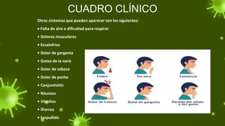 CUADRO CLÍNICO
Otros síntomas que pueden aparecer son los siguientes:
 Falta de aire o dificultad para respirar
• Dolores musculares
• Escalofríos
• Dolor de garganta
• Goteo de la nariz
• Dolor de cabeza
• Dolor de pecho
• Conjuntivitis
• Náuseas
• Vómitos
• Diarrea
• Sarpullido
 