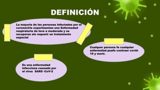 Es una enfermedad
infecciosa causada por
el virus SARS -CoV-2
DEFINICIÓN
Cualquer persona fe cualquier
enfermefad puefe contraer covid-
19 y morir.
La mayoria de las personas infectadas por el
coronaviris experimentan una Enfermedad
respiratoria de leve a moderada y se
recuperan sin requerir un tratamiento
especial
 