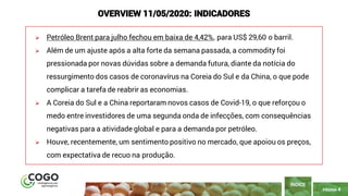 PÁGINA 4
➢ Petróleo Brent para julho fechou em baixa de 4,42%, para US$ 29,60 o barril.
➢ Além de um ajuste após a alta forte da semana passada, a commodity foi
pressionada por novas dúvidas sobre a demanda futura, diante da notícia do
ressurgimento dos casos de coronavírus na Coreia do Sul e da China, o que pode
complicar a tarefa de reabrir as economias.
➢ A Coreia do Sul e a China reportaram novos casos de Covid-19, o que reforçou o
medo entre investidores de uma segunda onda de infecções, com consequências
negativas para a atividade global e para a demanda por petróleo.
➢ Houve, recentemente, um sentimento positivo no mercado, que apoiou os preços,
com expectativa de recuo na produção.
ÍNDICE
OVERVIEW 11/05/2020: INDICADORES
 