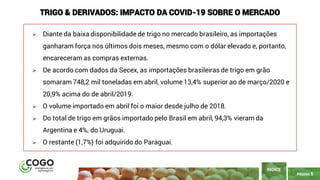 PÁGINA 5
➢ Diante da baixa disponibilidade de trigo no mercado brasileiro, as importações
ganharam força nos últimos dois meses, mesmo com o dólar elevado e, portanto,
encareceram as compras externas.
➢ De acordo com dados da Secex, as importações brasileiras de trigo em grão
somaram 748,2 mil toneladas em abril, volume 13,4% superior ao de março/2020 e
20,9% acima do de abril/2019.
➢ O volume importado em abril foi o maior desde julho de 2018.
➢ Do total de trigo em grãos importado pelo Brasil em abril, 94,3% vieram da
Argentina e 4%, do Uruguai.
➢ O restante (1,7%) foi adquirido do Paraguai.
ÍNDICE
TRIGO & DERIVADOS: IMPACTO DA COVID-19 SOBRE O MERCADO
 