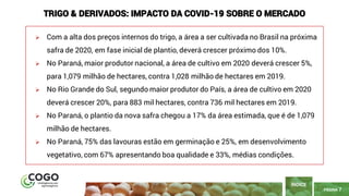 PÁGINA 7
➢ Com a alta dos preços internos do trigo, a área a ser cultivada no Brasil na próxima
safra de 2020, em fase inicial de plantio, deverá crescer próximo dos 10%.
➢ No Paraná, maior produtor nacional, a área de cultivo em 2020 deverá crescer 5%,
para 1,079 milhão de hectares, contra 1,028 milhão de hectares em 2019.
➢ No Rio Grande do Sul, segundo maior produtor do País, a área de cultivo em 2020
deverá crescer 20%, para 883 mil hectares, contra 736 mil hectares em 2019.
➢ No Paraná, o plantio da nova safra chegou a 17% da área estimada, que é de 1,079
milhão de hectares.
➢ No Paraná, 75% das lavouras estão em germinação e 25%, em desenvolvimento
vegetativo, com 67% apresentando boa qualidade e 33%, médias condições.
ÍNDICE
TRIGO & DERIVADOS: IMPACTO DA COVID-19 SOBRE O MERCADO
 