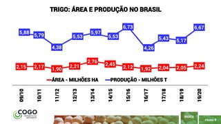 PÁGINA 8
ÍNDICE
2,15 2,17 1,90
2,21
2,76
2,45
2,12 1,92 2,04 2,05 2,24
5,88
5,79
4,38
5,53
5,97
5,53
6,73
4,26
5,43 5,17
6,67
09/10
10/11
11/12
12/13
13/14
14/15
15/16
16/17
17/18
18/19
19/20
TRIGO: ÁREA E PRODUÇÃO NO BRASIL
ÁREA - MILHÕES HA PRODUÇÃO - MILHÕES T
 