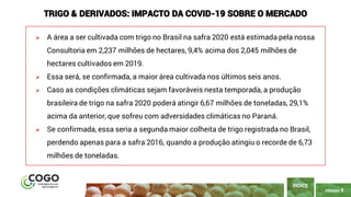 PÁGINA 9
➢ A área a ser cultivada com trigo no Brasil na safra 2020 está estimada pela nossa
Consultoria em 2,237 milhões de hectares, 9,4% acima dos 2,045 milhões de
hectares cultivados em 2019.
➢ Essa será, se confirmada, a maior área cultivada nos últimos seis anos.
➢ Caso as condições climáticas sejam favoráveis nesta temporada, a produção
brasileira de trigo na safra 2020 poderá atingir 6,67 milhões de toneladas, 29,1%
acima da anterior, que sofreu com adversidades climáticas no Paraná.
➢ Se confirmada, essa seria a segunda maior colheita de trigo registrada no Brasil,
perdendo apenas para a safra 2016, quando a produção atingiu o recorde de 6,73
milhões de toneladas.
ÍNDICE
TRIGO & DERIVADOS: IMPACTO DA COVID-19 SOBRE O MERCADO
 