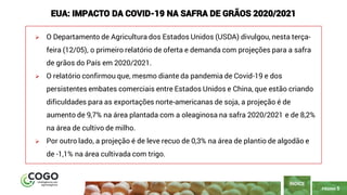 PÁGINA 5
➢ O Departamento de Agricultura dos Estados Unidos (USDA) divulgou, nesta terça-
feira (12/05), o primeiro relatório de oferta e demanda com projeções para a safra
de grãos do País em 2020/2021.
➢ O relatório confirmou que, mesmo diante da pandemia de Covid-19 e dos
persistentes embates comerciais entre Estados Unidos e China, que estão criando
dificuldades para as exportações norte-americanas de soja, a projeção é de
aumento de 9,7% na área plantada com a oleaginosa na safra 2020/2021 e de 8,2%
na área de cultivo de milho.
➢ Por outro lado, a projeção é de leve recuo de 0,3% na área de plantio de algodão e
de -1,1% na área cultivada com trigo.
ÍNDICE
EUA: IMPACTO DA COVID-19 NA SAFRA DE GRÃOS 2020/2021
 