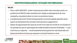 18
PÁGINA 18
MELÃO
➢ Para a safra 2020/2021, ainda é cedo para previsões mais concretas, porém, os
produtores do RN/CE estão cautelosos em relação ao planejamento da nova
campanha, cujo plantio deve se iniciar nos próximos meses.
➢ A pandemia da Covid-19 está enfraquecendo a economia global, gerando receio
quanto ao fechamento de contratos internacionais e pagamentos.
➢ Apesar do agravamento de casos do Covid-19 ao redor do mundo ter se iniciado em
um período em que as exportações de melão brasileiro estavam finalizadas – o que
minimizou os impactos –, cenário bastante preocupante tem sido observado nos
países da América Central, que exportam a fruta de fevereiro a maio.
ÍNDICE
HORTIFRUTIGRANJEIROS: SITUAÇÃO DOS MERCADOS
 
