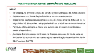 19
PÁGINA 19
MELÃO
➢ Na Ceagesp, na primeira semana de abril, houve desvalorização do melão amarelo.
➢ O consumo recuou diante da paralisação de escolas e restaurantes.
➢ Dessa forma, os atacadistas deram descontos e o melão amarelo de tipos 6 e 7 foi
negociado a R$ 32,50/caixa 13 Kg, queda de 8% do preço frente à semana anterior.
➢ Porém, na última semana, já houve leve aumento do preço em decorrência da
menor oferta da fruta.
➢ A entrada de melões segue controlada na Ceagesp, por conta do fim da safra no
Rio Grande do Norte/Ceará e da demora para intensificação dos envios do Vale do
São Francisco (BA/PE).
ÍNDICE
HORTIFRUTIGRANJEIROS: SITUAÇÃO DOS MERCADOS
 