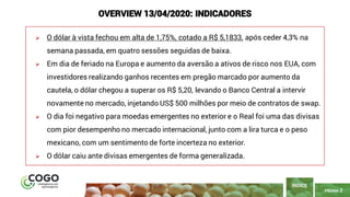PÁGINA 2
➢ O dólar à vista fechou em alta de 1,75%, cotado a R$ 5,1833, após ceder 4,3% na
semana passada, em quatro sessões seguidas de baixa.
➢ Em dia de feriado na Europa e aumento da aversão a ativos de risco nos EUA, com
investidores realizando ganhos recentes em pregão marcado por aumento da
cautela, o dólar chegou a superar os R$ 5,20, levando o Banco Central a intervir
novamente no mercado, injetando US$ 500 milhões por meio de contratos de swap.
➢ O dia foi negativo para moedas emergentes no exterior e o Real foi uma das divisas
com pior desempenho no mercado internacional, junto com a lira turca e o peso
mexicano, com um sentimento de forte incerteza no exterior.
➢ O dólar caiu ante divisas emergentes de forma generalizada.
ÍNDICE
OVERVIEW 13/04/2020: INDICADORES
 