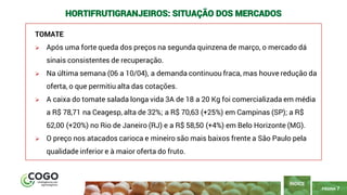 7
PÁGINA 7
TOMATE
➢ Após uma forte queda dos preços na segunda quinzena de março, o mercado dá
sinais consistentes de recuperação.
➢ Na última semana (06 a 10/04), a demanda continuou fraca, mas houve redução da
oferta, o que permitiu alta das cotações.
➢ A caixa do tomate salada longa vida 3A de 18 a 20 Kg foi comercializada em média
a R$ 78,71 na Ceagesp, alta de 32%; a R$ 70,63 (+25%) em Campinas (SP); a R$
62,00 (+20%) no Rio de Janeiro (RJ) e a R$ 58,50 (+4%) em Belo Horizonte (MG).
➢ O preço nos atacados carioca e mineiro são mais baixos frente a São Paulo pela
qualidade inferior e à maior oferta do fruto.
ÍNDICE
HORTIFRUTIGRANJEIROS: SITUAÇÃO DOS MERCADOS
 