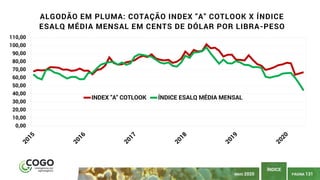 PÁGINA 131
ÍNDICE
MAIO 2020
0,00
10,00
20,00
30,00
40,00
50,00
60,00
70,00
80,00
90,00
100,00
110,00
ALGODÃO EM PLUMA: COTAÇÃO INDEX "A" COTLOOK X ÍNDICE
ESALQ MÉDIA MENSAL EM CENTS DE DÓLAR POR LIBRA-PESO
INDEX "A" COTLOOK ÍNDICE ESALQ MÉDIA MENSAL
 