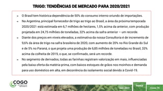 PÁGINA 75
ÍNDICE
MAIO 2020
TRIGO: TENDÊNCIAS DE MERCADO PARA 2020/2021
➔ O Brasil tem histórica dependência de 50% do consumo interno oriundo de importações.
➔ Na Argentina, principal fornecedor de trigo ao trigo ao Brasil, a área da próxima temporada
2020/2021 está estimada em 6,7 milhões de hectares, 1,5% acima da anterior, com produção
projetada em 24,75 milhões de toneladas, 32% acima da safra anterior – um recorde.
➔ Diante dos preços em níveis elevados, a estimativa da nossa Consultoria é de incremento de
9,6% da área de trigo na safra brasileira de 2020, com aumento de 20% no Rio Grande do Sul
e de 5% no Paraná, o que projeta uma produção de 6,85 milhões de toneladas no Brasil, 33%
acima da colheita de 2019, o que, se confirmado, será um recorde.
➔ No segmento de derivados, todas as farinhas registram valorização em maio, influenciadas
pela baixa oferta da matéria-prima, com baixos estoques de grãos nos moinhos e demanda
para uso doméstico em alta, em decorrência do isolamento social devido à Covid-19.
 
