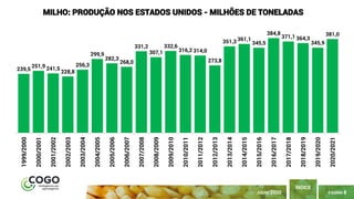 PÁGINA 8
ÍNDICE
JULHO 2020
239,5
251,9 241,5
228,8
256,3
299,9
282,3
268,0
331,2
307,1
332,6
316,2 314,0
273,8
351,3 361,1
345,5
384,8
371,1 364,3
345,9
381,0
1999/2000
2000/2001
2001/2002
2002/2003
2003/2004
2004/2005
2005/2006
2006/2007
2007/2008
2008/2009
2009/2010
2010/2011
2011/2012
2012/2013
2013/2014
2014/2015
2015/2016
2016/2017
2017/2018
2018/2019
2019/2020
2020/2021
MILHO: PRODUÇÃO NOS ESTADOS UNIDOS - MILHÕES DE TONELADAS
 