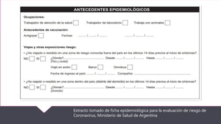 Extracto tomado de ficha epidemiológica para la evaluación de riesgo de
Coronavirus, Ministerio de Salud de Argentina
 