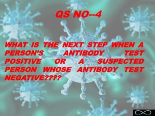 QS NO--4
WHAT IS THE NEXT STEP WHEN A
PERSON’S ANTIBODY TEST
POSITIVE OR A SUSPECTED
PERSON WHOSE ANTIBODY TEST
NEGATIVE????
 