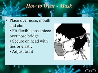 How to Wear - Mask
• Place over nose, mouth
and chin
• Fit flexible nose piece
over nose bridge
• Secure on head with
ties or elastic
• Adjust to fit
 
