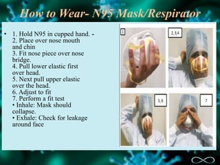 How to Wear- N95 Mask/Respirator
• 1. Hold N95 in cupped hand. -
2. Place over nose mouth
and chin
3. Fit nose piece over nose
bridge.
4. Pull lower elastic first
over head.
5. Next pull upper elastic
over the head.
6. Adjust to fit
7. Perform a fit test
• Inhale: Mask should
collapse.
• Exhale: Check for leakage
around face
 