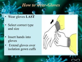 How to wear-Gloves
• Wear gloves LAST
• Select correct type
and size
• Insert hands into
gloves
• Extend gloves over
isolation gown cuffs
 