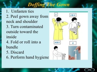 Doffing The Gown
1. Unfasten ties
2. Peel gown away from
neck and shoulder
3. Turn contaminated
outside toward the
inside
4. Fold or roll into a
bundle
5. Discard
6. Perform hand hygiene
 