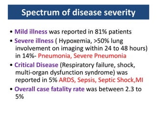 Spectrum of disease severity
• Mild illness was reported in 81% patients
• Severe illness ( Hypoxemia, >50% lung
involvement on imaging within 24 to 48 hours)
in 14%- Pneumonia, Severe Pneumonia
• Critical Disease (Respiratory failure, shock,
multi-organ dysfunction syndrome) was
reported in 5% ARDS, Sepsis, Septic Shock,MI
• Overall case fatality rate was between 2.3 to
5%
 