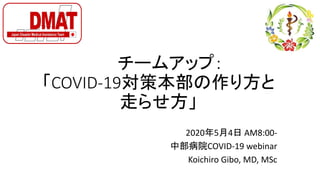 COVID-19対策本部 作 方
走 方
2020年5月4日 AM8:00-
中部病院COVID-19 webinar
Koichiro Gibo, MD, MSc
 