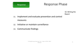Response Phase
11. Implement and evaluate prevention and control
measures
12. Initiative or maintain surveillance
13. Communicate findings
Response
Dr Rishabh Kumar Rana Asst. Prof. , Deptt. of PSM , PMCH
Dhanbad
14
10. Writing the
Report
 