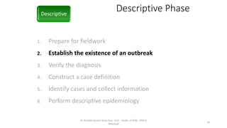 Descriptive Phase
1. Prepare for fieldwork
2. Establish the existence of an outbreak
3. Verify the diagnosis
4. Construct a case definition
5. Identify cases and collect information
6. Perform descriptive epidemiology
Descriptive
DescriptiveDescriptive
Dr Rishabh Kumar Rana Asst. Prof. , Deptt. of PSM , PMCH
Dhanbad
18
 