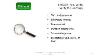 Evaluate the Clues to
Verify the Diagnosis
 Signs and symptoms
 Laboratory findings
 Disease onset
 Duration of symptoms
 Suspected exposure
 Suspected virus, bacteria, or
toxin
Descriptive
Dr Rishabh Kumar Rana Asst. Prof. , Deptt. of PSM , PMCH
Dhanbad
21
 