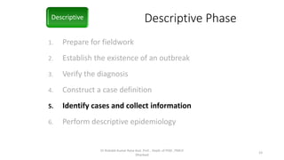 Descriptive Phase
1. Prepare for fieldwork
2. Establish the existence of an outbreak
3. Verify the diagnosis
4. Construct a case definition
5. Identify cases and collect information
6. Perform descriptive epidemiology
Descriptive
Dr Rishabh Kumar Rana Asst. Prof. , Deptt. of PSM , PMCH
Dhanbad
23
 