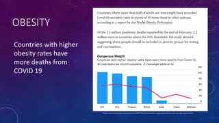 OBESITY
Countries with higher
obesity rates have
more deaths from
COVID 19
https://www.bloomberg.com/news/articles/2021-03-04/covid-deaths-surge-where-obesity-rates-are-high-report-shows
 