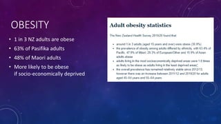 OBESITY
• 1 in 3 NZ adults are obese
• 63% of Pasifika adults
• 48% of Maori adults
• More likely to be obese
if socio-economically deprived
 