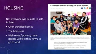 HOUSING
Not everyone will be able to self-
isolate:
• Over-crowded homes
• The homeless
• High rents / poverty mean
people will feel they HAVE to
go to work
 
