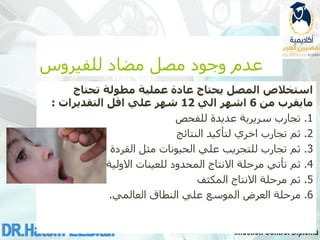 ‫للفيروس‬ ‫مضاد‬ ‫مصل‬ ‫وجود‬ ‫عدم‬
‫تحتاج‬ ‫مطولة‬ ‫عملية‬ ‫عادة‬ ‫يحتاج‬ ‫المصل‬ ‫استخالص‬
‫مايقرب‬
‫من‬
6
‫الي‬ ‫اشهر‬
12
‫التقديرات‬ ‫اقل‬ ‫علي‬ ‫شهر‬
:
1
.
‫للفحص‬ ‫عديدة‬ ‫سريرية‬ ‫تجارب‬
2
.
‫النتائج‬ ‫لتأكيد‬ ‫اخري‬ ‫تجارب‬ ‫ثم‬
3
.
‫علي‬ ‫للتجريب‬ ‫تجارب‬ ‫ثم‬
‫الحيونات‬
‫القردة‬ ‫مثل‬
4
.
‫االولية‬ ‫للعينات‬ ‫المحدود‬ ‫االنتاج‬ ‫مرحلة‬ ‫تأتي‬ ‫ثم‬
5
.
‫المكثف‬ ‫االنتاج‬ ‫مرحلة‬ ‫ثم‬
6
.
‫العالمي‬ ‫النطاق‬ ‫علي‬ ‫الموسع‬ ‫العرض‬ ‫مرحلة‬
.
 