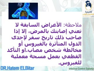 ‫مالحظة‬
:
‫ال‬ ‫السابقة‬ ‫األعراض‬
‫إذا‬ ‫إال‬ ،‫بالمرض‬ ‫إصابتك‬ ‫تعني‬
‫إلحدى‬ ‫سفر‬ ‫تاريخ‬ ‫ذلك‬ ‫صاحب‬
‫أو‬ ‫بالفيروس‬ ‫المتأثرة‬ ‫الدول‬
‫شخص‬ ‫مخالطة‬
‫مصاب‬
.
‫او‬
‫التأكد‬
‫معملية‬ ‫مسحة‬ ‫بعمل‬ ‫القطعي‬
‫للفيروس‬
.
 