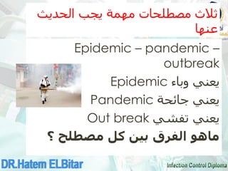 ‫ثالث‬
‫الحديث‬ ‫يجب‬ ‫مهمة‬ ‫مصطلحات‬
‫عنها‬
Epidemic – pandemic –
outbreak
Epidemic ‫وباء‬ ‫يعني‬
Pandemic ‫جائحة‬ ‫يعني‬
Out break ‫تفشي‬ ‫يعني‬
‫ماهو‬
‫؟‬ ‫مصطلح‬ ‫كل‬ ‫بين‬ ‫الفرق‬
 