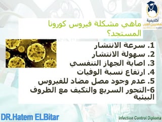 ‫كورونا‬ ‫فيروس‬ ‫مشكلة‬ ‫ماهي‬
‫المستجد؟‬
1
.
‫االنتشار‬ ‫سرعة‬
2
.
‫االنتشار‬ ‫سهولة‬
3
.
‫التنفسي‬ ‫الجهاز‬ ‫اصابة‬
4
.
‫الوفيات‬ ‫نسبة‬ ‫ارتفاع‬
5
.
‫مضاد‬ ‫مصل‬ ‫وجود‬ ‫عدم‬
‫للفيروس‬
6
-
‫الظروف‬ ‫مع‬ ‫والتكيف‬ ‫السريع‬ ‫التحور‬
‫البيئية‬
 