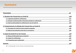 2
Sommaire
Présentation p3
1. Situation des Français face au Covid-19 p10
1.1. Logement pendant le confinement p11
1.2. Situation professionnelle et financière pendant le confinement p17
1.3. Etat de santé pendant le confinement et cas de Covid-19 p24
2. Comportements et attitudes des Français face au Covid-19 p29
2.1. Perception du Covid-19 et des solutions proposées p30
2.2. Mesures de protection prises face au coronavirus p34
3. Impact du Covid-19 sur les Français p37
3.1. Niveau d'information face au Covid-19 p38
3.2. Impact du confinement p42
3.3. Prospective post-confinement p53
Annexes p57
NB : En format pdf, les liens internes ne fonctionnent pas
 