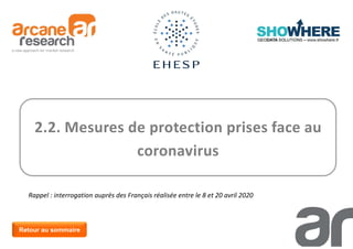34
2.2. Mesures de protection prises face au
coronavirus
Retour au sommaire
Rappel : interrogation auprès des Français réalisée entre le 8 et 20 avril 2020
 