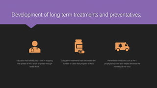 Development of long term treatments and preventatives.
Education has helped play a role in stopping
the spread of HIV, which is spread through
bodily fluids.
Long term treatments have decreased the
number of cases that progress to AIDs.
Preventative measures such as Pre –
prophylactics have also helped decrease the
mortality of this virus.